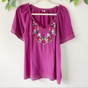 Joie Embroidered Floral Peasant Silk Drapey Blouse